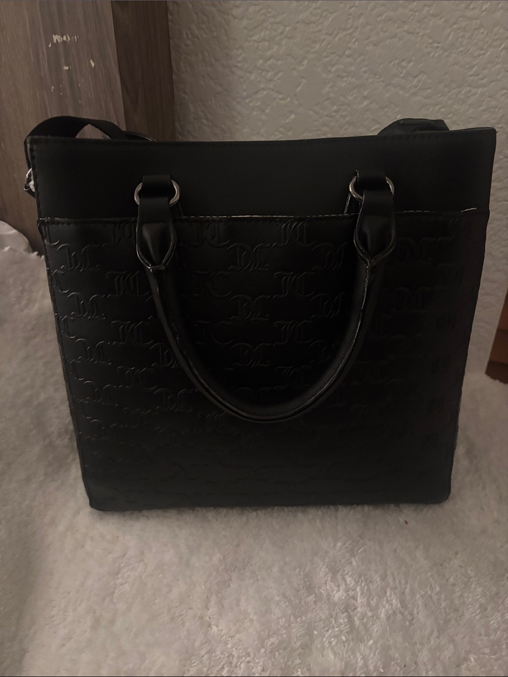 Large Juicy Couture Black Embossed Logo Tote with Wallet, Charm L-11 inches W-12 - Picture 2 of 7